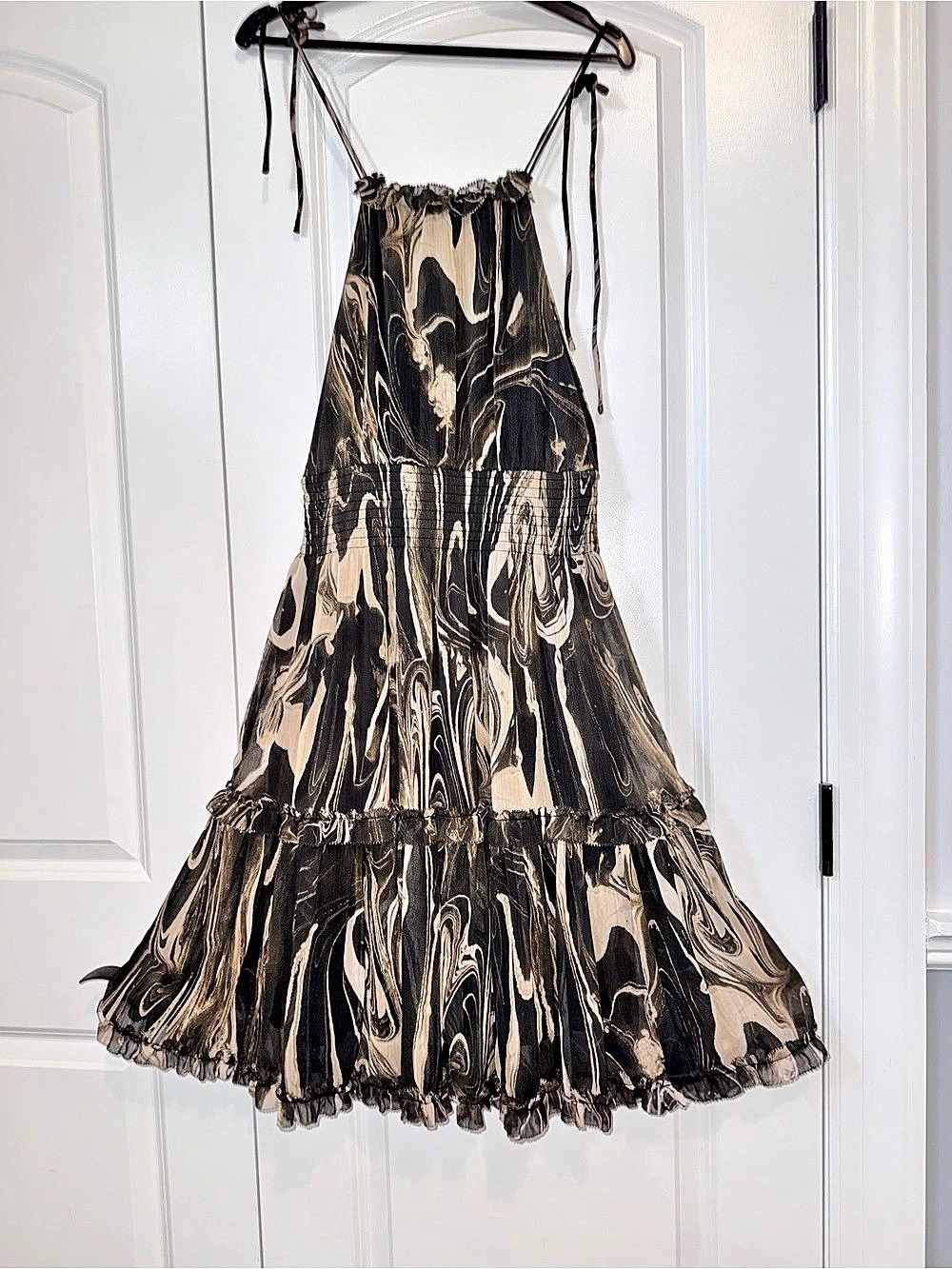 Banana Republic Marble Smoke Print Halter Tiered Smocked Ruffle Maxi Dress Black